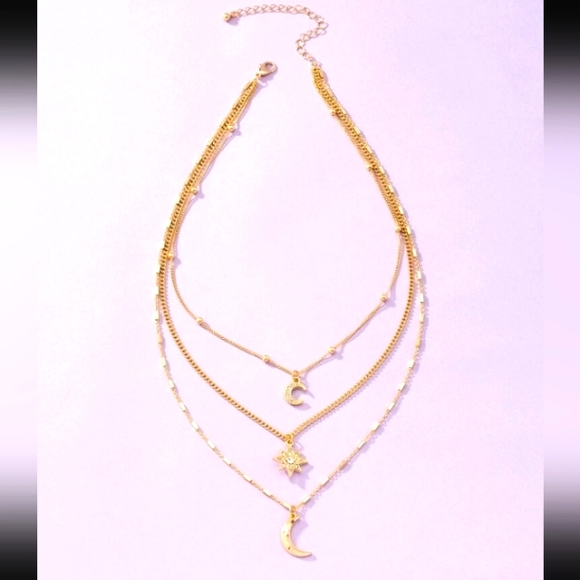 CELESTIAL LAYERED GOLD STAR AND MOONS NECKLACE 3 LAYERS NEW - Picture 2 of 5
